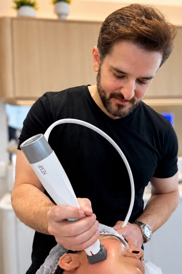 Dr. Rubens Pontello Junior aplicando tecnologia estética no rosto de um paciente durante procedimento em Londrina