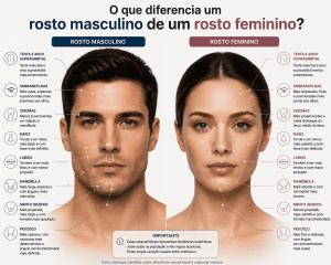 Comparação anatômica entre um rosto masculino e um rosto feminino destacando mandíbula, queixo, zigomas, sobrancelhas, testa, nariz, pele e pescoço.