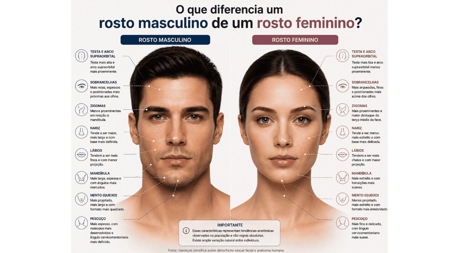 Comparação anatômica entre um rosto masculino e um rosto feminino destacando mandíbula, queixo, zigomas, sobrancelhas, testa, nariz, pele e pescoço.