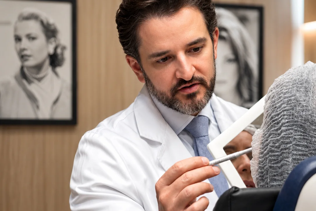 Dermatologista avalia o rosto de uma paciente diante de um espelho, no consultório.