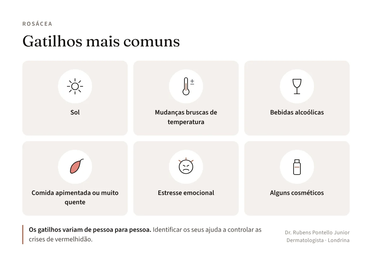 Ícones dos gatilhos mais comuns da rosácea: sol, mudanças bruscas de temperatura, bebidas alcoólicas, comida apimentada ou muito quente, estresse emocional e alguns cosméticos