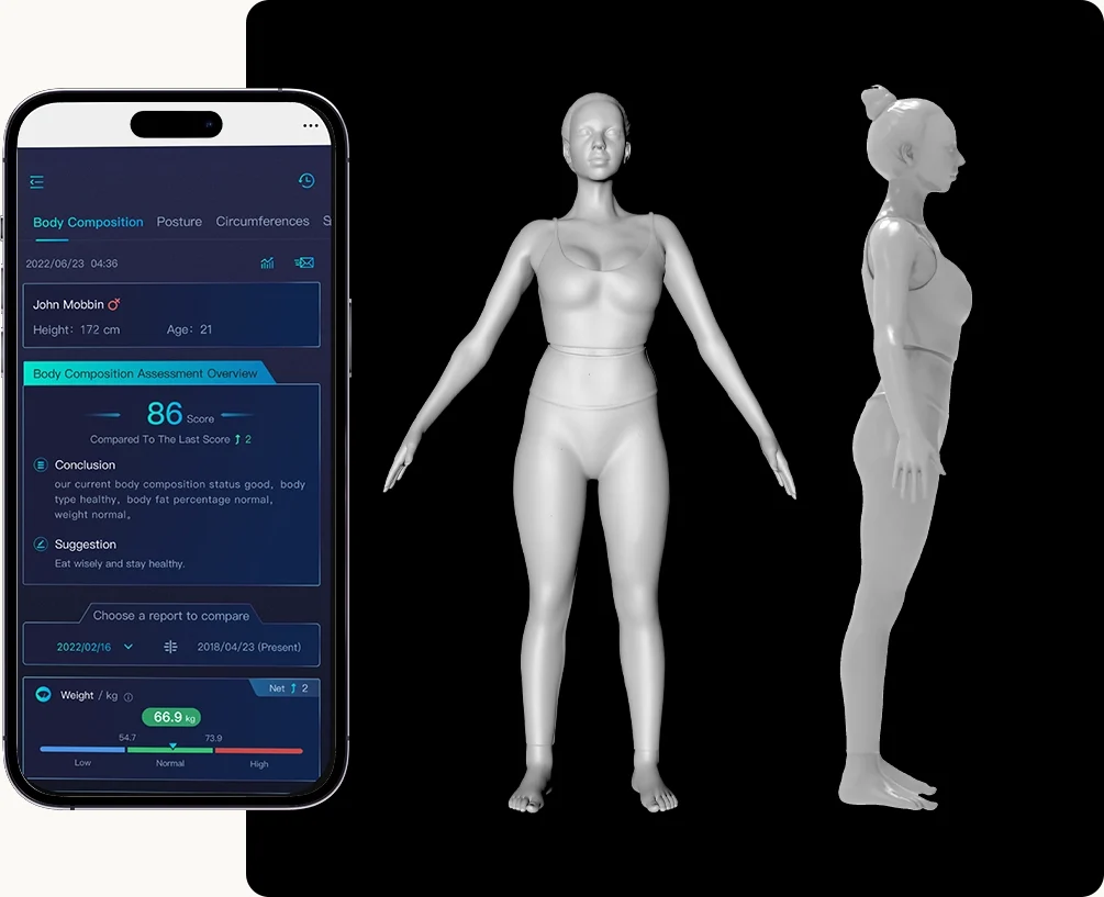 Relatório de composição corporal no celular e avatar 3D de um exame de escaneamento 3D com bioimpedância